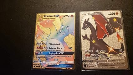 Amazon Com Shiny Charizard V And Gx Champions Path Metal Pokemon Card Custom Made 79 73 Silver Rainbow Custom Gold Burning Shadows Toys Games
