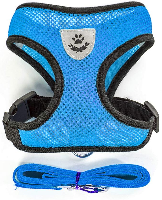 Emoly Soft Mesh Dog Harness Vest, Large Dog Harness, Night Reflective Adjustable Mesh Harness with Padded Vest and Leash(Blue)