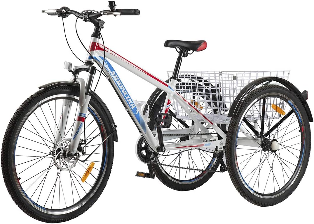 Barbella Adult Mountain Bike, 24 Inch Three Wheel Mountain Tricycle Cruiser Trike with Shopping Basket for Exercise Men and Women