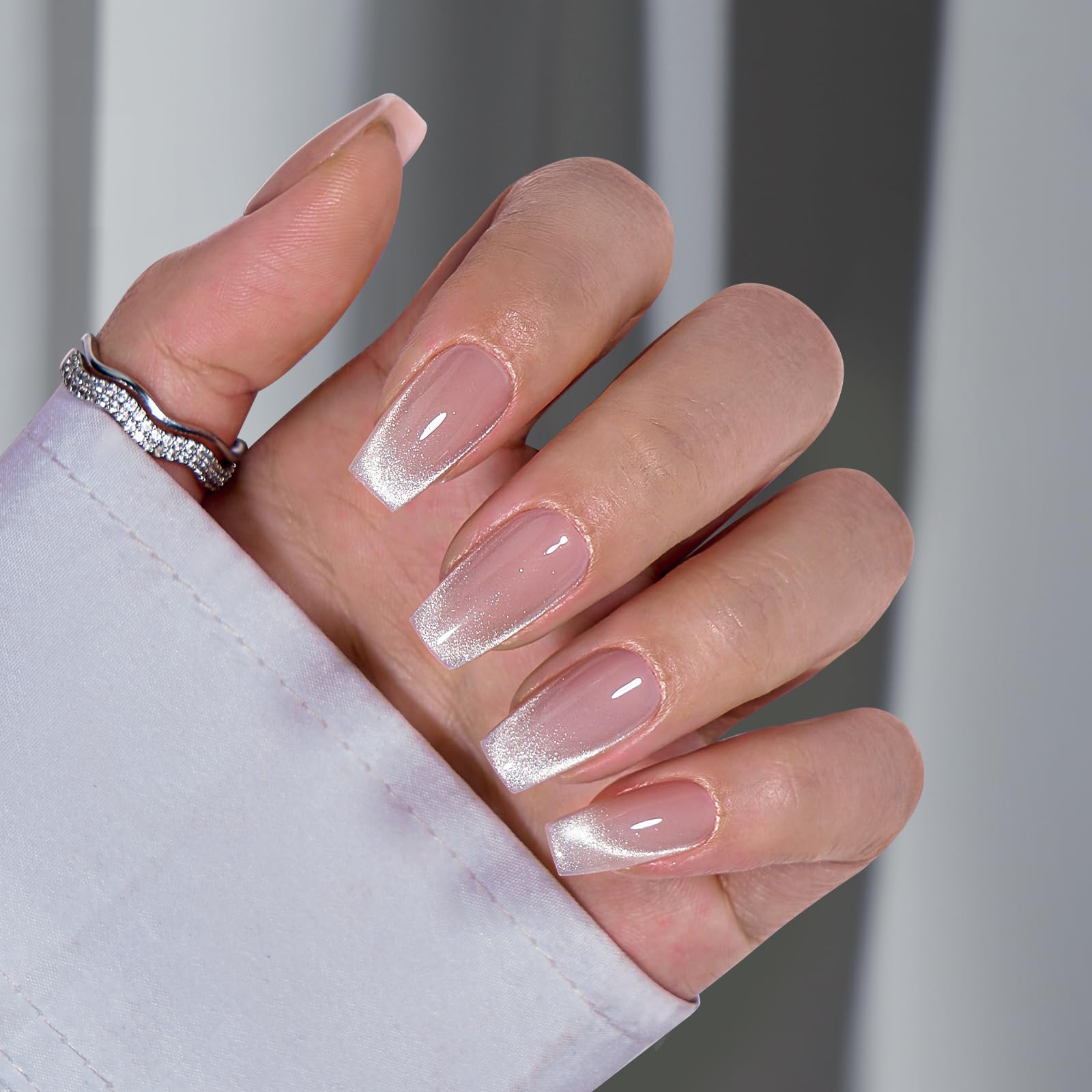 BTArtbox Press On Nails Short - Cat Eye French Tip Press On Nails Coffin, Light Weight & Fit Perfectly Nail Tips, Natural Fake Nail with Glue, Glue On Nails in 16 Sizes - 30 Nail Kit, Milky Way - Image 3