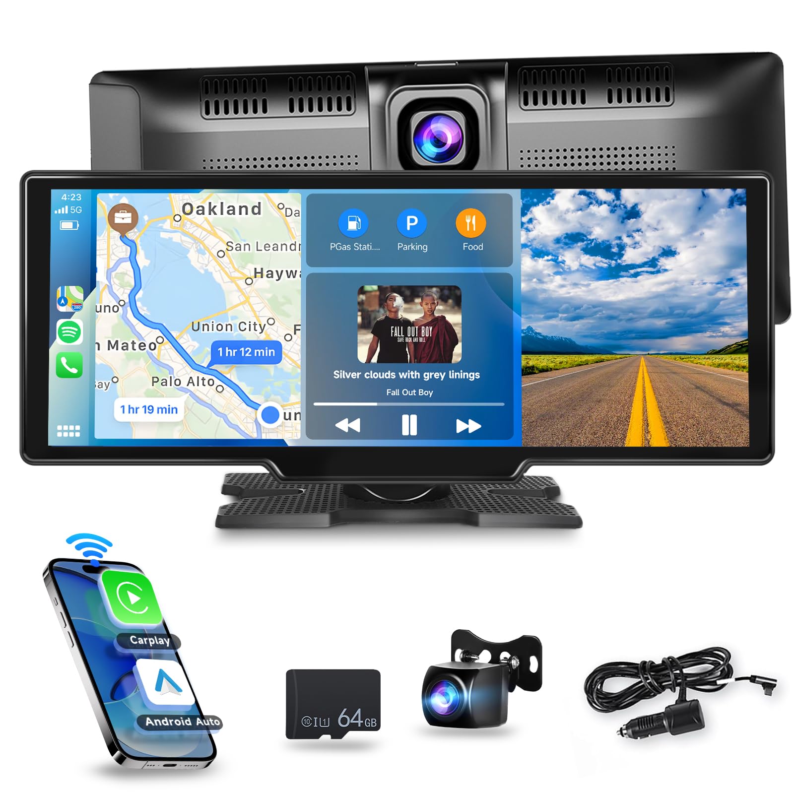 Photo 1 of [2.5K Front Camera+64G TF Card] Wireless Carplay/Android Auto Portable Car Radio with 9.3" HD Touchscreen Dash Cam, Front/Rear View Camera Stereo Receiver Bluetooth FM Transmitter AUX
