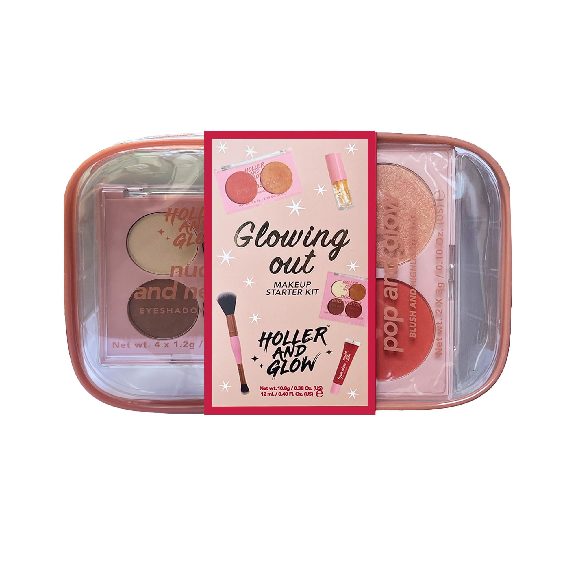Holler And Glow Glowing Out Makeup 5 Piece Gift Set, Eyeshadow Quad, Blush & Highlighter Duo, Lip Oil, Lip Gloss, Dual Ended Brush, Long Lasting, High Pigment, Cruelty Free