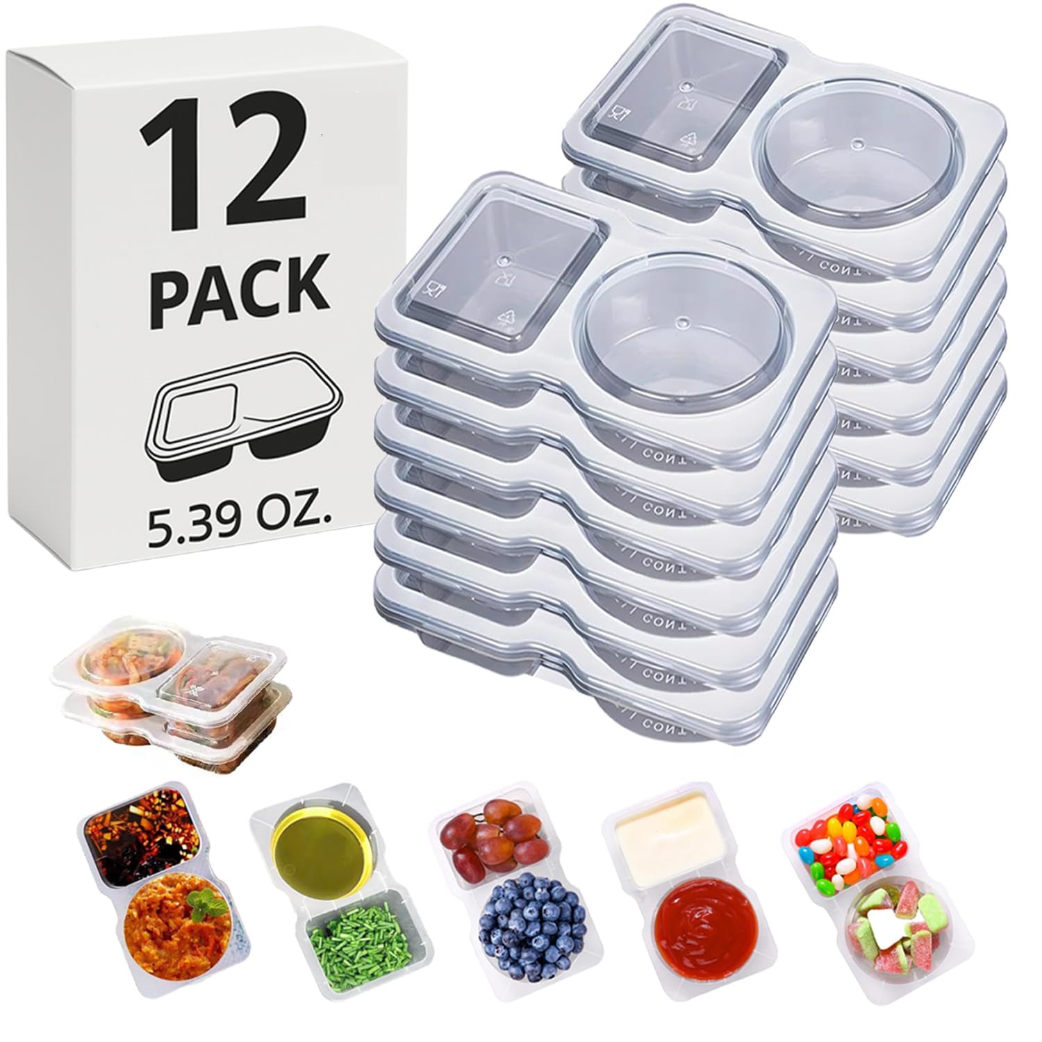Photo 1 of 12 Sets Reusable Snack Containers Double Compartment Snackle Box Container with Lids - Leak-Proof BPA-Free Food Storage, Condiments Portion Control Dip Cups for Kids School Lunches, Meal Prep, Takeout