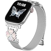 Slim Milanese Loop Band Compatible with Apple Watch Bands for Women 40mm 41mm 38mm 42mm, Stainless Steel Metal Magnetic Mesh Strap with Floral for iWatch Series 11 10 9 8 7 6 5 4 3 SE 3/2/1, Silver