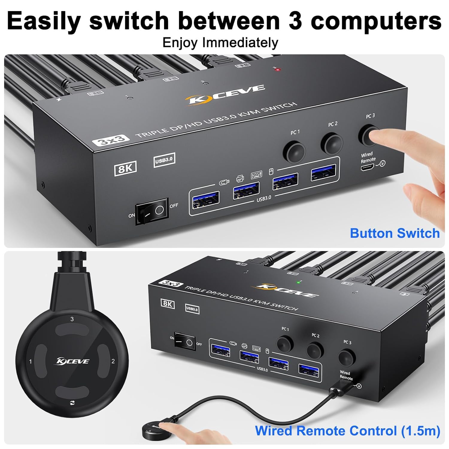 KVM Switch 3 PC 3 Monitore 8K@60Hz,MLEEDA HDMI Displayport KVM Switch Triple Monitor für 3 PC Teilen 3 Monitors und 4 USB3.0-Geräte, mit 12V DC Netzteil,Verdrahtet Fernbedienung und 3 USB-Kabel 5