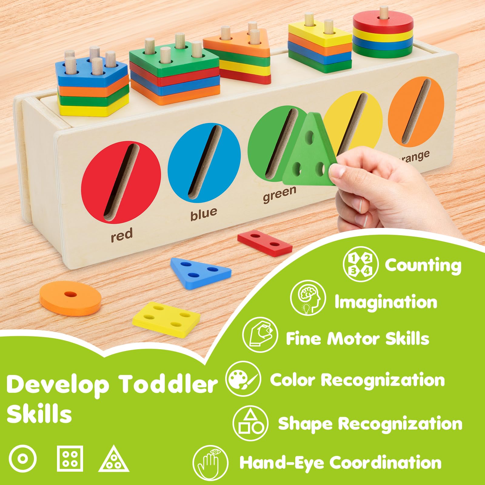 VOpitos Montessori Toys for Toddler 1+ Year Old, Wooden Color & Shape Sorting Matching Box