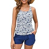 Two Piece Tankini Swimsuits for Women 2026, Tummy Control Bathing Suit with Shorts, Athletic Two Side Pockets Swimwear