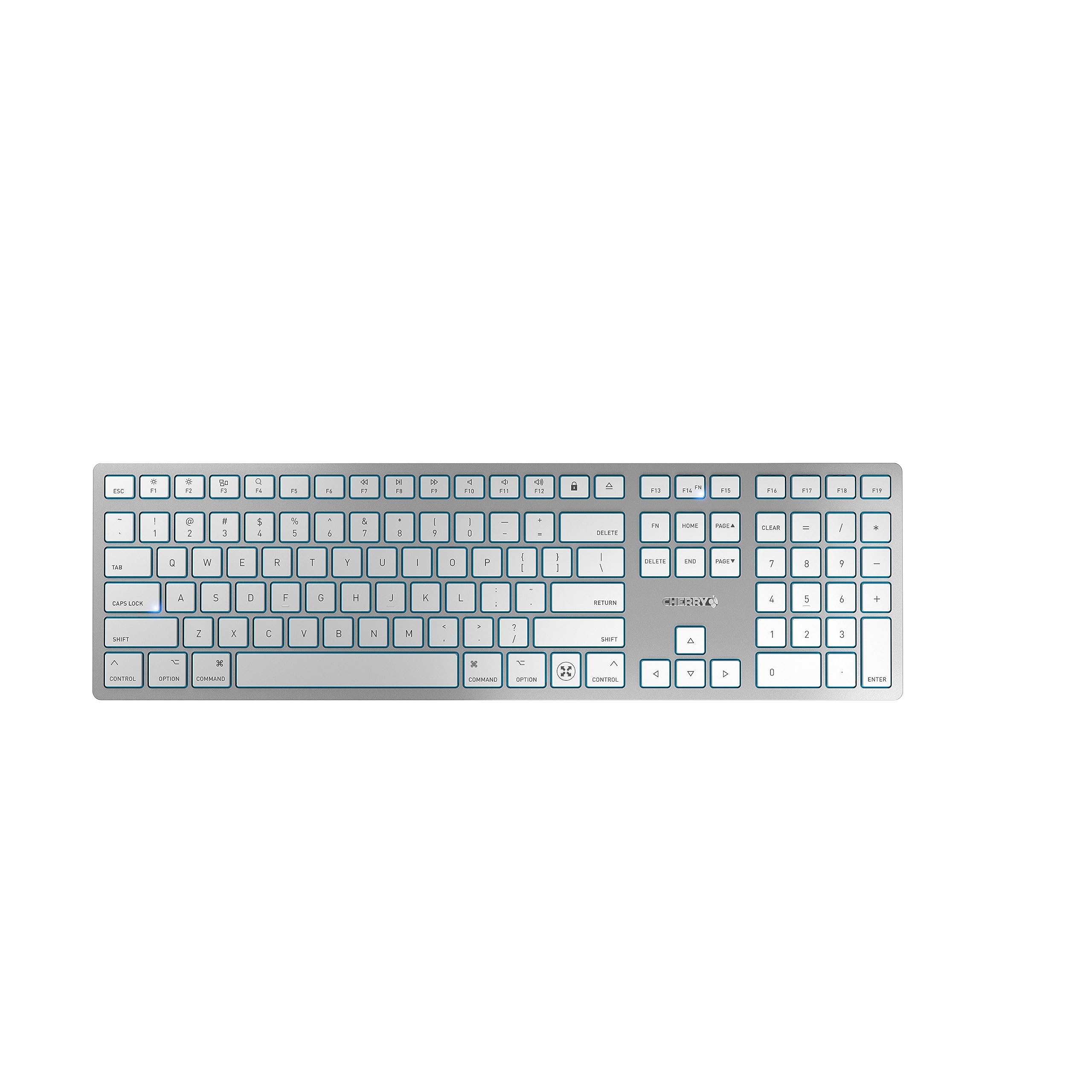 CHERRY KW 9100 SLIM FOR MAC, Wireless Mac Keyboard, US Layout (QWERTY), Bluetooth or 2.4 GHz RF, Flat Keys, Rechargeable, Silver/White