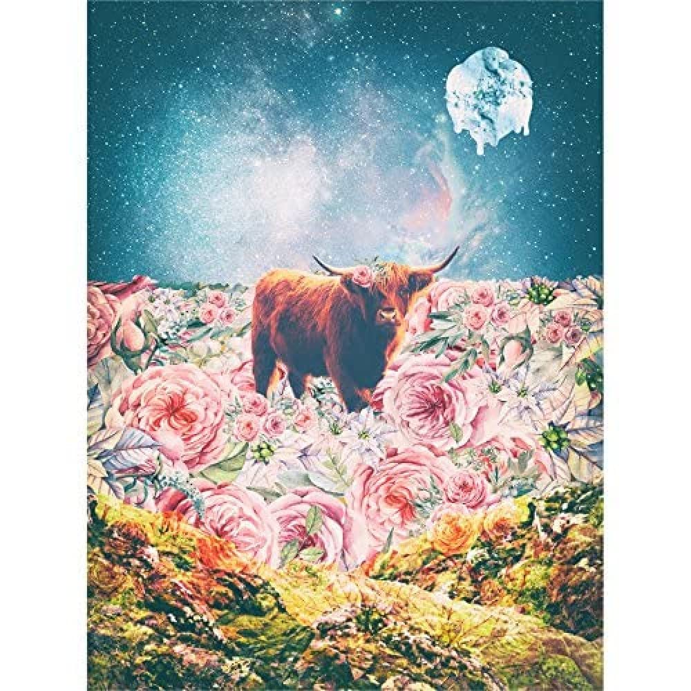 Wee Blue Coo Scottish Highland Hairy Coo Trippy Psychedelic Landscape Space Canvas Art Print