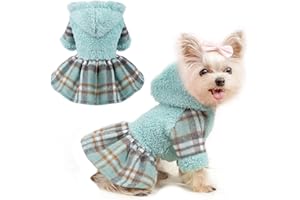 DAFUEN Dog Hoodie Dress Winter Dog Sweaters for Small Dogs Girl Cold Weather Warm Puppy Dresses Pink Plaid Pet Clothes Outfits for Chihuahua Yorkie Teacup Cat Skirt Coat Apparel Clothing (X-Small, Green)