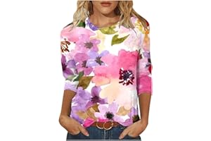 MaMiDay 3/4 Sleeve Shirts for Women Floral Print Graphic T-Shirt Casual Loose Fit Tops Round Neck Trendy Dressy Blouses