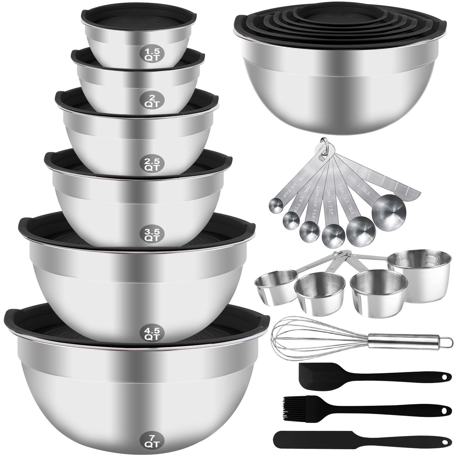 Photo 1 of WEPSEN Mixing Bowls Set, 27PCS Stainless Steel Mixing Bowl with Lid Set, Large Nesting Bowls 7, 4.5, 3, 2.5, 2, 1.5QT, Measuring Cups and Spoons Baking Utensils Metal Bowl for Kitchen Prep