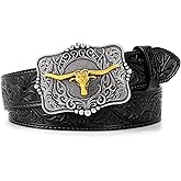 LALATCH Cowboy Cowgirl Belt Western Belts for Men Women Floral Engraved Longhorn Bull Buckle Belt for Jeans