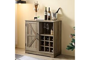 Eyisean Coffee Bar Cabinet with Wine Rack, 32" H Farmhouse Wooden Accent Wine Bar Cabinet with Adjustable Shelves, Rustic Barn Door Buffet Sideboard Table for Kitchen/Living Room (Gray)