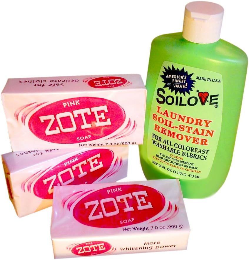 Soilove Laundry Soil-Stain Remover (16 fluid ounces) PLUS Pink ZOTE 7 oz (200g) Soap Bars (Pack of 3)