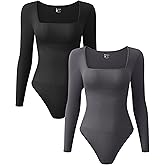OQQ Women's 2 Piece Bodysuits Sexy Ribbed One Piece Square Neck Long Sleeve Tops