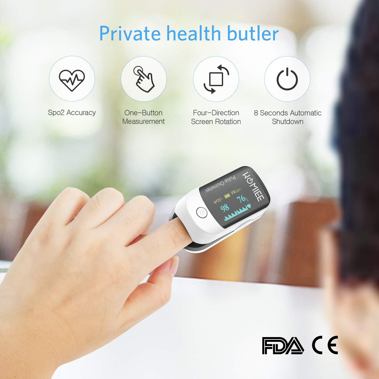 Pulsoximeter, Oximeter mit Pulsmesser mit 4 Richtungen rotierendem OLED Display Fingeroximeter für die Messung des Puls und der Sauerstoffsättigung am Finger, Weiß