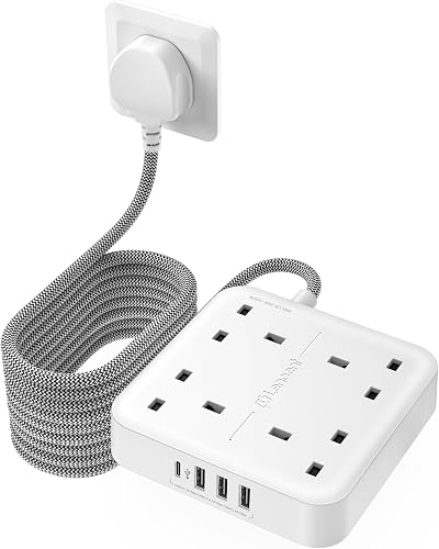 LENCENT 5M USB C 4 Way Power Strip 3250W 13A Braided Extension Cord White