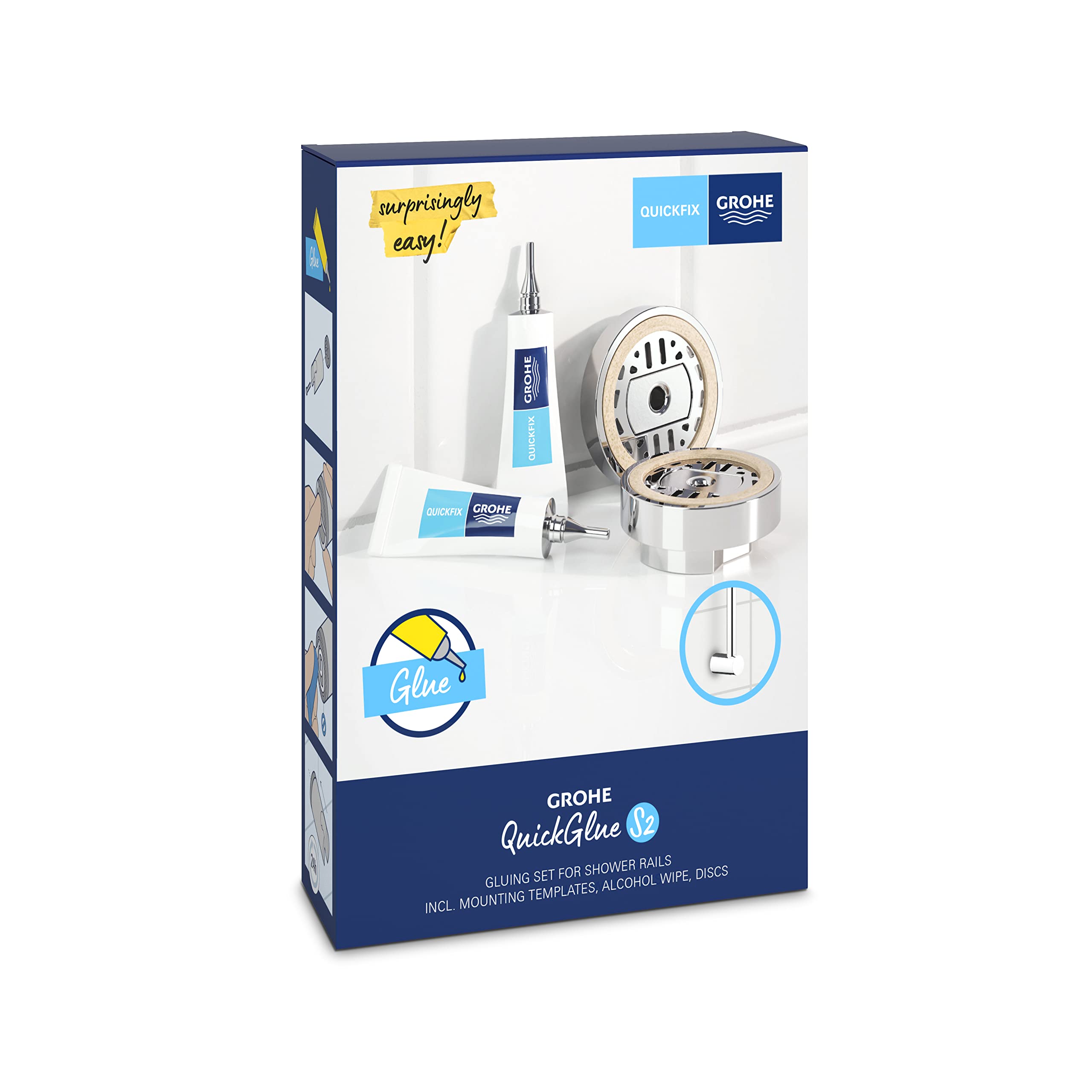 GROHE QuickGlue S2 Set with 2 Glues, 2 Mounting Templates, 2 Discs and 1 Alcohol Wipe for GROHE QuickFix Shower Rails (Except Vitalio SmartActive), Curing Time 24 Hours, 41245000