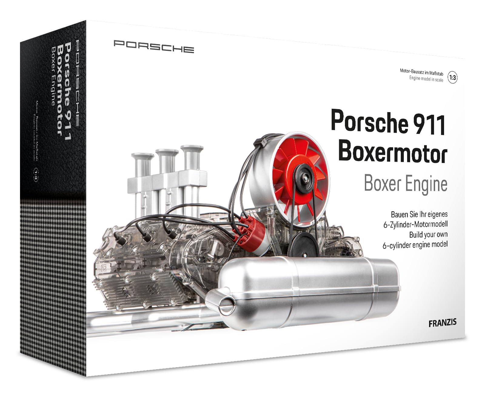 Franzis 67224 - Porsche 911 Boxer Engine Facelift, true-to-original motor kit of the classic, air-cooled 6-cylinder engine in 1:4 scale, incl. sound module, instructions and 86-page accompaniment book