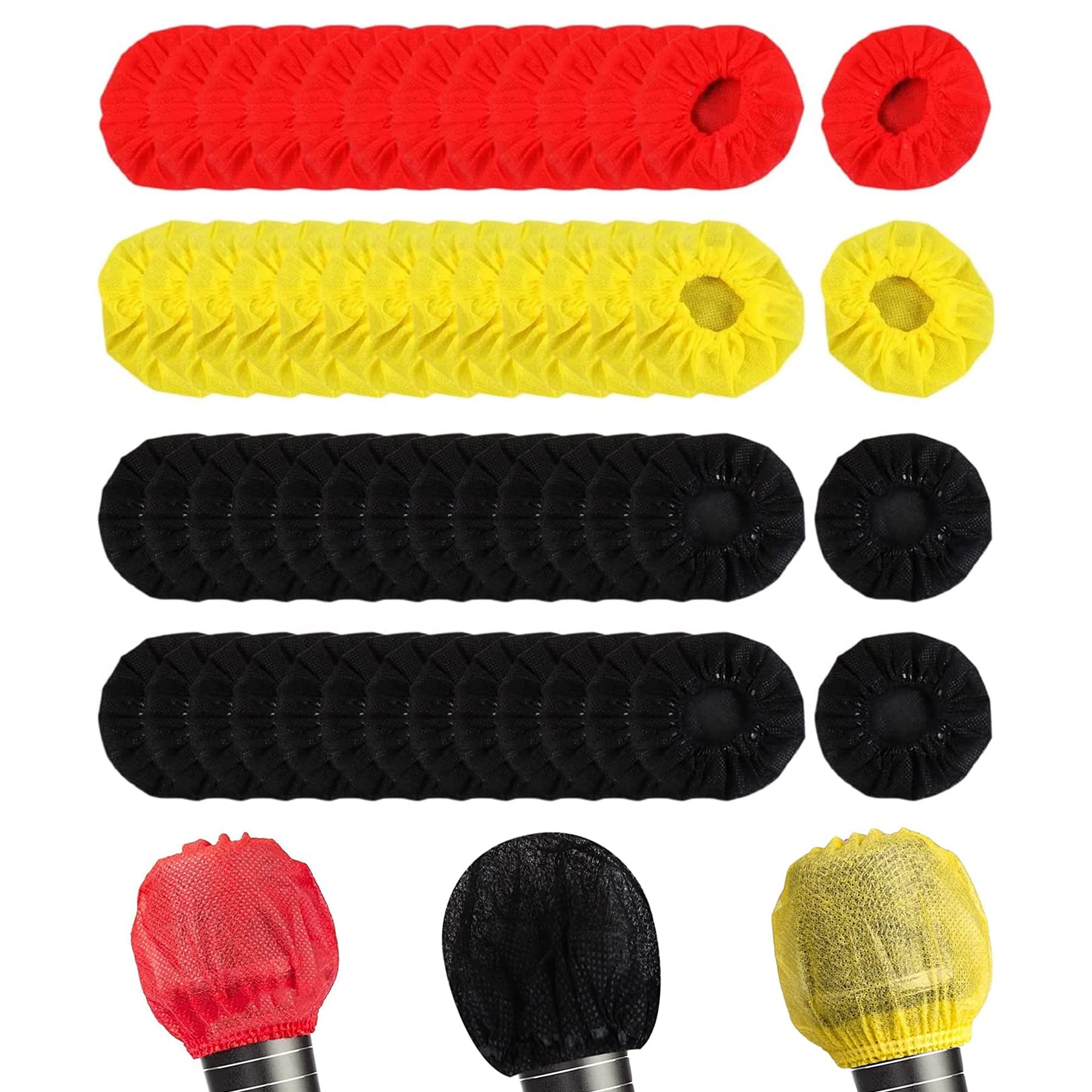 FENGCHUANG 100 Pcs Disposable Microphone Covers Mic, Cover Protective Cap Non-Woven Windscreen Mics Suitable for Most Portable Microphones for Karaoke, Concert, Karaoke Recording (Black, Yellow, Red)