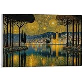 Framed Canvas Wall Art Gustav Klimt Inspired Golden Night Lake City Landscape Wall Decor for Living Room Office 16x24inch(40x60cm)