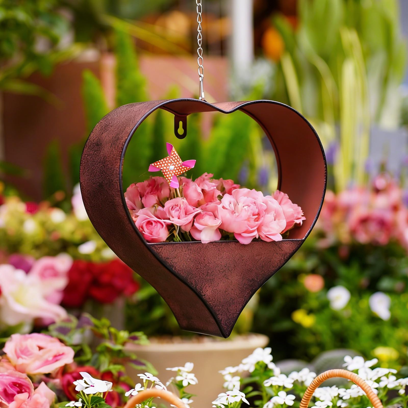 Yeomoo Metal Heart Shape Hanging Flower Pot - Rust, 26.5 cm (W) x 1 cm (L) x 27 cm (H), Outdoor Use