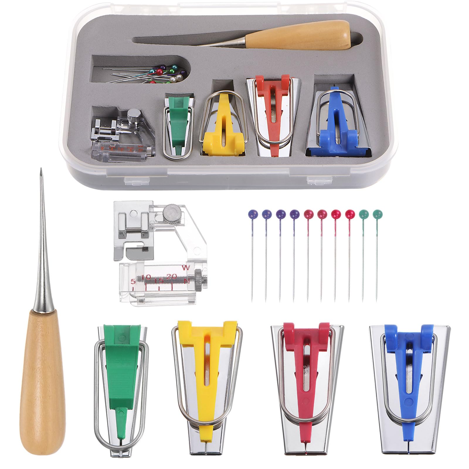 uxcell Bias Tape Maker Kit 6mm 12mm 18mm 25mm Single Double Fold Fabric Bias Binding Maker Sew Tool with Positioning Pin, Quilt Awl, Presser Foot for Fabric Quilting Sewing Crafting DIY