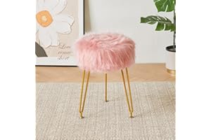 IBUYKE Faux Fur Vanity Stool Chair, Furry Makeup Stool Ottoman, Soft Padded Seat, Round Footrest Footstools with 4 Metal Legs, for Living Room Bedroom Entryway, Pink LG-32P