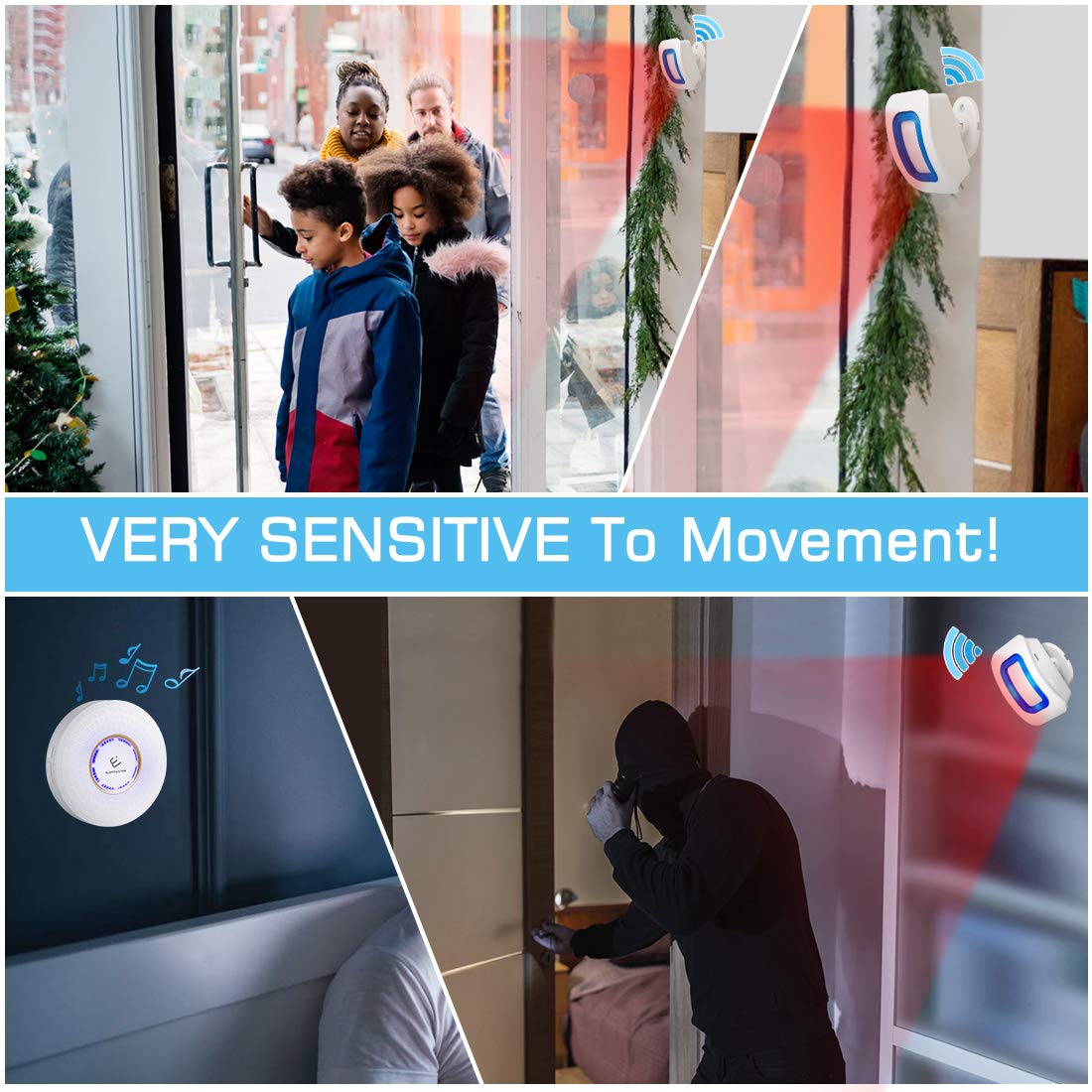 Motion Sensor Detect Alert, Wireless Home Security Driveway Alarm, Weatherproof Alert System Kits with 52 Chimes/4 Level Volumes/LED Flash (3 PIR Motion Sensor Detectors + 2 Plug-in Receivers)