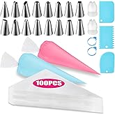 Piping Bags and Tips Set, Cakes Decorating Supplies Kit with 100pcs 12 Inch Pastry Bags, 16 Piping Tips, 3 Cake Scraper, 2 Co