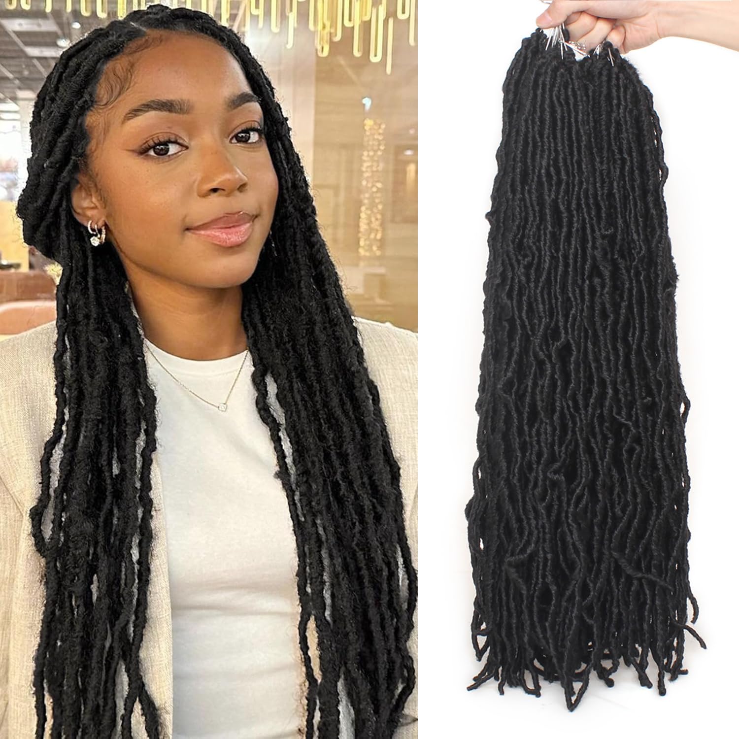 Mscat 7 Packs 24 Inch Pre-Looped Faux Locs Nu Locs Synthetic Fiber Hair Extensions 12strands/pack 1B#