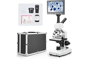 Vabiooth Dual-View Lab Compound Monocular Microscope 40X-2500X Magnification with 7" LCD Display, Wide-Field 4X/10X/40X(s)/100X(Spring Oil) Eyepieces, Adjustable Mechanical Stage, Aluminum Carry Box