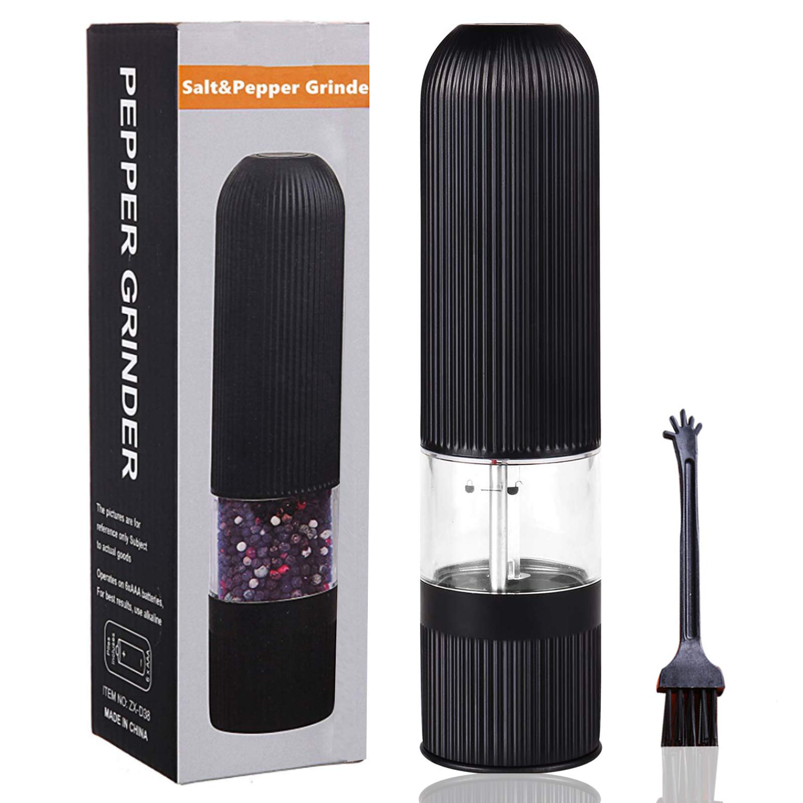 WusyStore Electric Salt and Pepper Grinder-Automatic Salt and Pepper Mills with Blue Light, Pepper, Dried Herbs, Spices, No Shaker Pots Mess, Eliminate Spill (1PCS&Black)