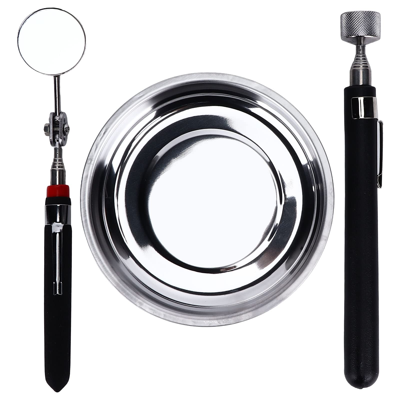 Magnetic Parts Tray Set, Durable Stainless Steel Parts Holder with Telescoping Mirror & Pickup Tool for Tools & Small Parts - Ideal for Garage Organization & Tool Trays