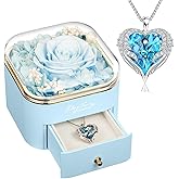 Preserved Real Light Blue Rose with Angle Wings Necklace, Forever Flowers Gifts for Mom Grandma Wife Girlfriend at Christmas Valentines, Anniversary Birthday Gifts for Women, I Love You Gifts for Her