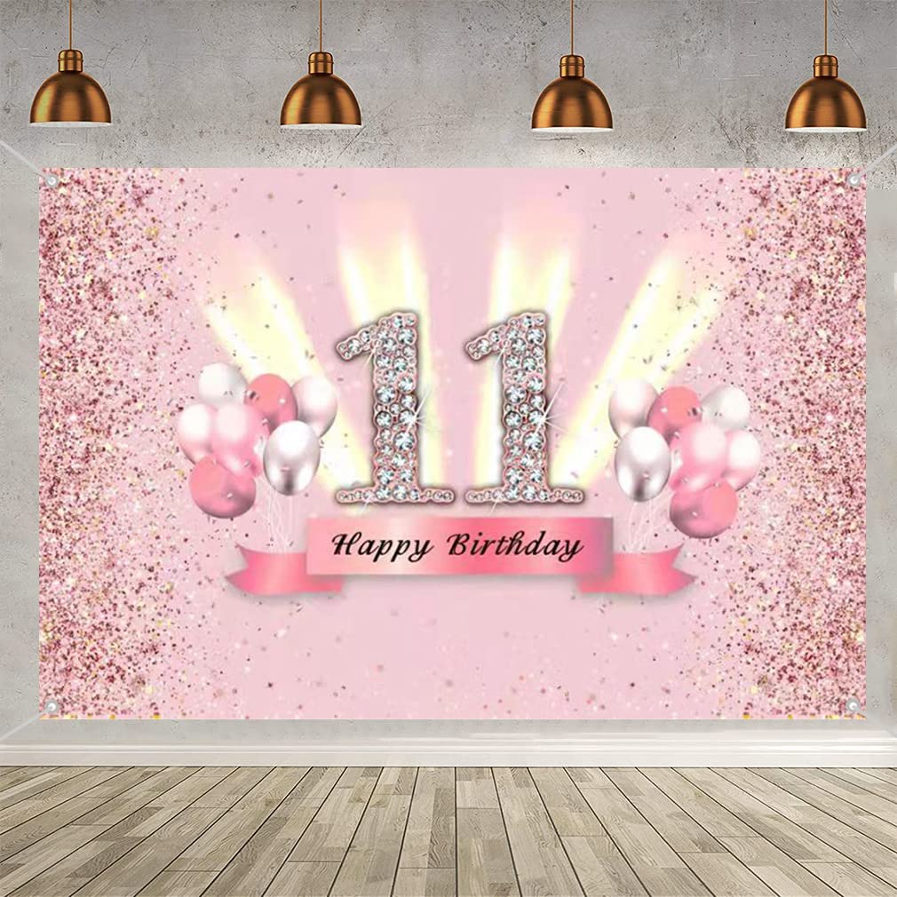Photo 1 of 11th Birthday Decorations for Girls Happy 11th Birthda y Backdrop Banner Party Deco Girl 11 Years Old Anniversary Part y Fabric Sign Poster Pink Photo Background Par ty Supplies, 59"x35.4"
