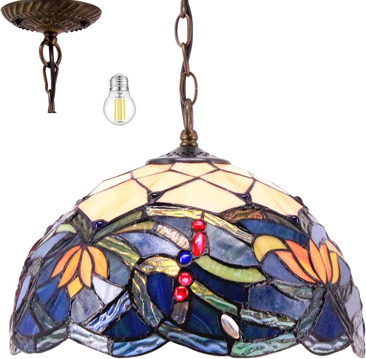 Tiffany Hanging Light W12H32 Inch (LED Bulb Included)Stained Glass Pendant lamp 1E26 Lotus Style S220 WERFACTORY Series Art Lamps Chandelier Kitchen Island Bar Hallway Living Room Dining Room Loft - - 