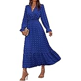 BTFBM Women Fall Maxi Dresses 2025 Long Sleeve V Neck Swiss Dots High Waisted A-Line Ruffle Boho Long Dress Vacation
