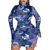 SOLY HUX Women's Plus Size Floral Print Mesh Split Hem Bodycon Dress Mock Neck Bell Long Sleeve Mini Dresses