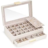 Lolalet Earring Storage Box Case with Glass Top, Large Earring Jewelry Holder Organizer Display with Drawer and Grid，Valentine Gifts for Women -2 Tiers, White