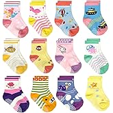 Tphon Toddler Boy Socks with Grips 12 Pairs Kids Anti Slip Cotton Crew Socks for Boys, Girls 1-7 Years