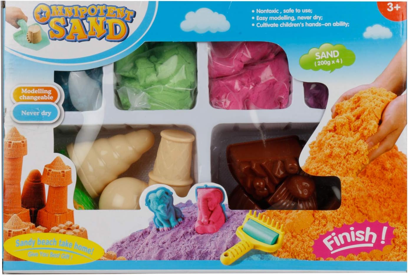 Rvold Omnipotent Kinetic Non Sticky Active Beach Play Magic Sand with Moulds for Kids - Random Color 4 Packets - 800gms