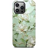 Magnolia Stained Glass Flower Phone Case for iPhone 15 Pro Max, Compatible with Magsafe, Trendy Elegant Green Floral Stained Glass Magnetic Slim Silicone Shockproof Protective Women Girl Cover Case