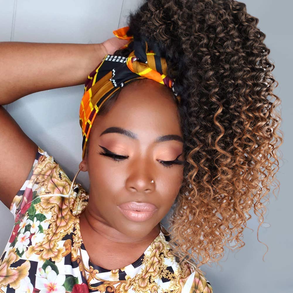 Afro Kinky Curly Ponytail for Women Drawstring Ponytail Synthetic Hair Extension Afro Drawstring Curly Pony tail with Clip in Hairpiece (T1B/30#, 16 inch (Pack of 1))
