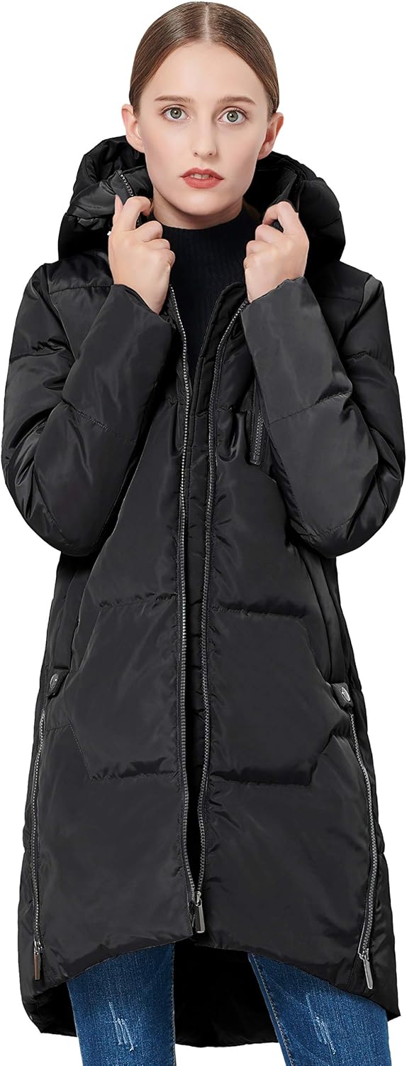 Orolay Women's Stylish Down Jacket Hooded Winter Coat Two-Way Zipper Puffer Jacket: Clothing