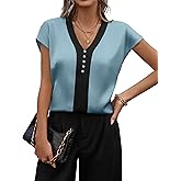 Fayenne Womens Tops Dressy Casual V Neck Color Block Short Sleeve Blouse Business Casual Tops Satin Silk Work Summer Shirt