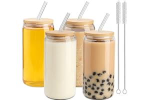 Fedefun Iced Coffee Cups Drinking Glass Cups with Lids and Straws Set of 4, 16oz Reusable Glass Tumbler with Straw and Lid Ca