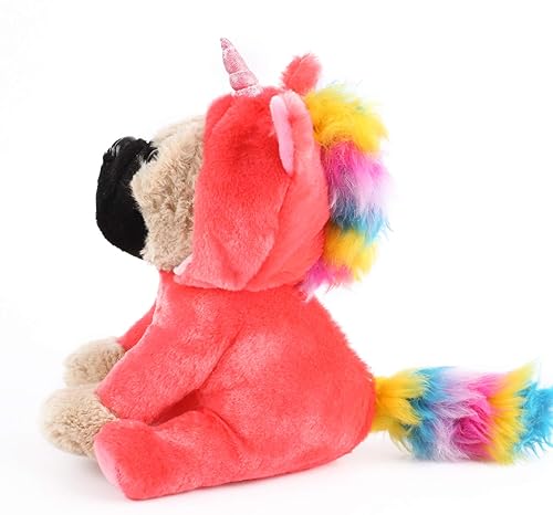 JoyAmigo Cute Pug Stuffed Animal Pugicorn Dog Dressed as Hot Pink