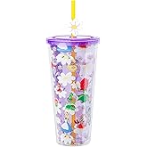 Silver Buffalo Disney Alice in Wonderland Plastic Cold Cup with Lid and Straw Topper Featuring Alice, Cheshire Cat, White Rabbit, Dormouse, Dinah, Mad Hare, and Mad Hatter, 24 Ounces